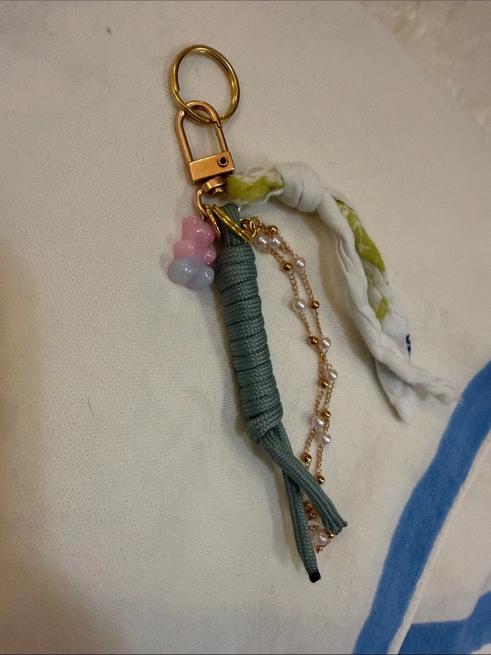 Gold Hardware Green Tassel Keychain bag charm with Bead & Scarf Accent handmade